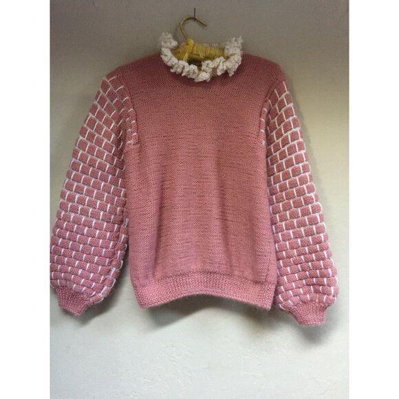Knitabout Naturals Handknits Pink Balloon Sleeve Pullover Sweater Ruffled Collar - Picture 1 of 6